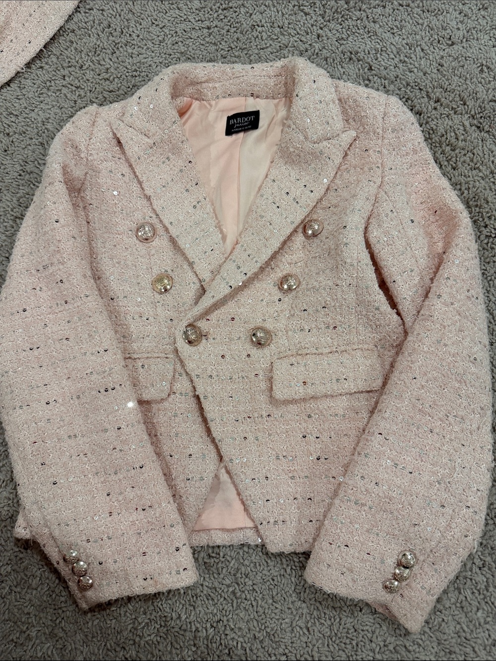 Bardot Light Pink Tweed Double-Breasted Blazer with Sparkle Buttons